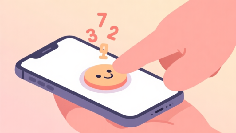 自动生成图片: A minimalist, cozy illustration of a hand clicking a large, friendly button on a smartphone screen. Numbers float upwards from the click. Soft pastel background with warm, inviting colors. high quality illustration, detailed, 16:9