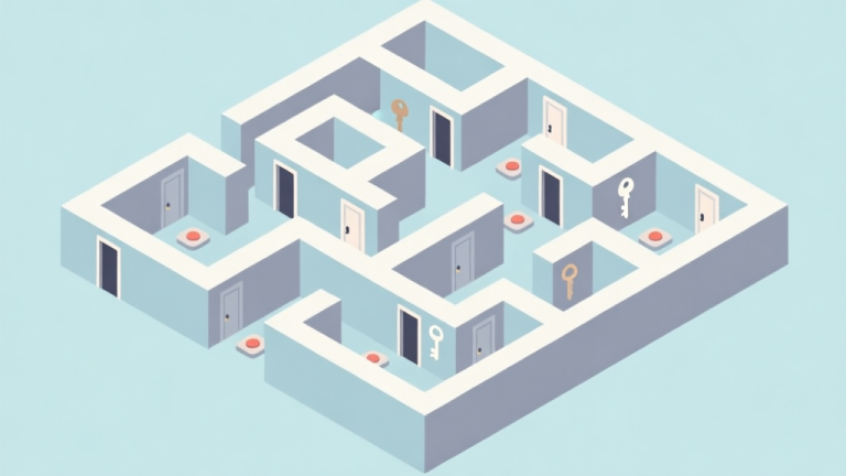 自动生成图片: A minimalist isometric illustration of a complex maze with multiple doors, keys, and pressure plates, rendered in a soft pastel color palette with muted blues and greys, flat design style high quality illustration, detailed, 16:9