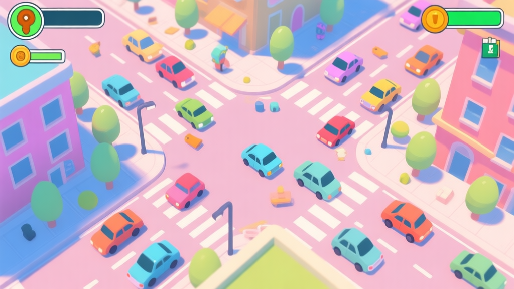 A stylized, top-down view of a colorful and chaotic traffic intersection with tiny cars, representing the core gameplay of an escape game, in a vibrant yet soft pastel color palette high quality illustration, detailed, 16:9