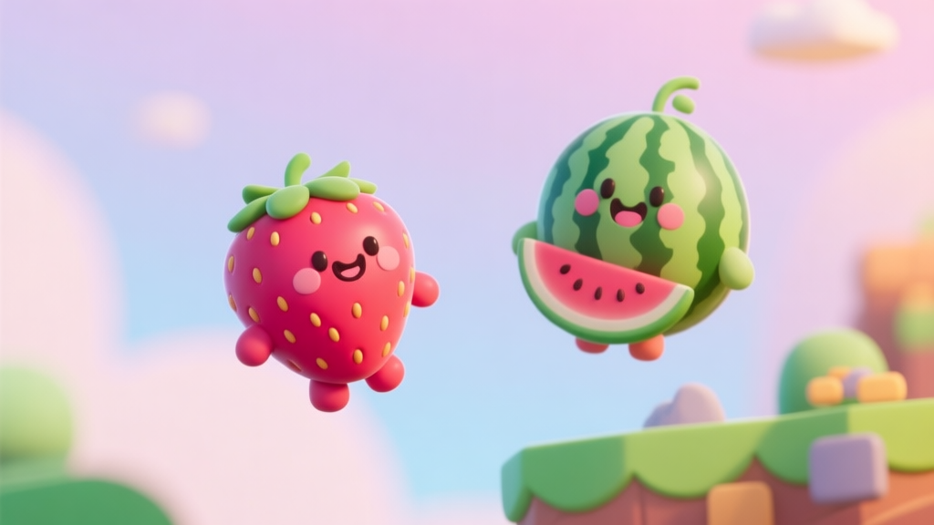 A vibrant 3D game scene with cute, smiling strawberry and watermelon characters floating against a soft pastel background, flat design style high quality illustration, detailed, 16:9