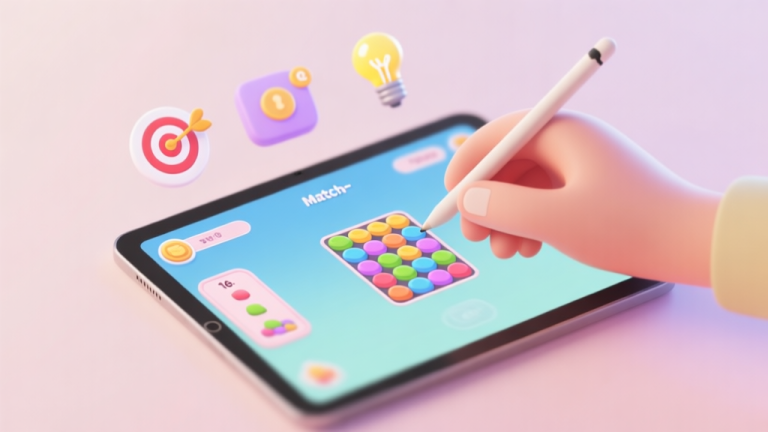自动生成图片: A serene, pastel-colored game interface of a match-3 puzzle on a tablet, with a hand holding a stylus poised above it, soft focus on strategic icons like a target and a lightbulb in the background high quality illustration, detailed, 16:9