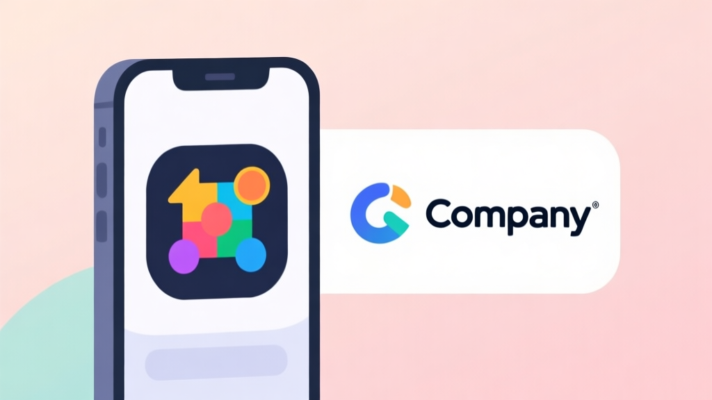 A minimalist, flat design illustration of a smartphone screen showing a colorful game icon next to a simple, modern company logo, on a soft pastel background high quality illustration, detailed, 16:9