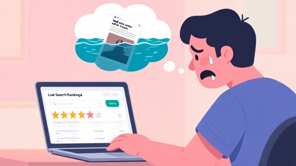A frustrated game reviewer looking at a laptop screen showing low search rankings, with a thought bubble showing a well-written article sinking in a sea of search results, soft pastel colors, digital illustration high quality illustration, detailed, 16:9