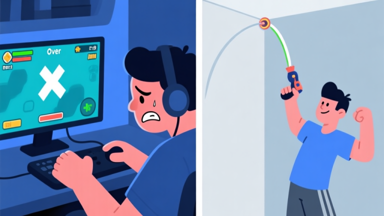 自动生成图片: A split-screen illustration showing a frustrated gamer on one side with a game over screen, and a confident player on the other side executing a perfect in-game curved shot into the top corner, using a soft color palette of blues and greys high quality illustration, detailed, 16:9