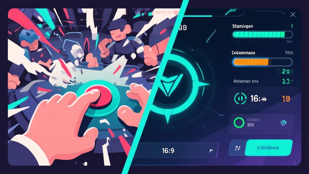 A split-screen illustration showing a chaotic game scene on one side with a player button-mashing, and a strategic, calm scene on the other with UI elements like stamina bar and cooldown indicators highlighted, in a modern esports visual style high quality illustration, detailed, 16:9