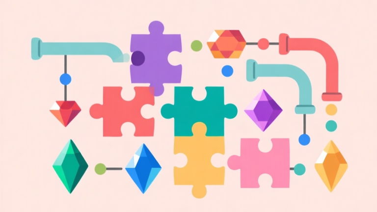自动生成图片: A clean, flat design illustration showing various puzzle pieces like colored gems, pipes, and dots connecting together on a soft pastel background high quality illustration, detailed, 16:9