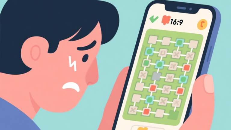 自动生成图片: A frustrated player looking at a complex puzzle game level on a mobile phone screen, with many unsolved connections and a low number of moves left, in a flat illustration style with soft colors high quality illustration, detailed, 16:9