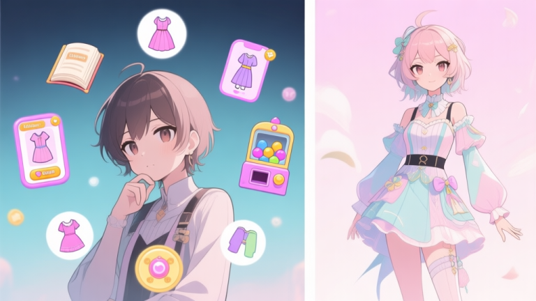 自动生成图片: A split-screen illustration showing a thoughtful anime-style character on one side surrounded by floating icons of different dress-up game UIs (storybook, dress-up screen, gacha machine), and on the other side, the same character confidently dressed in a unique outfit, soft pastel color scheme high quality illustration, detailed, 16:9