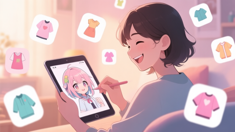 自动生成图片: A cozy digital art scene of a person smiling while customizing an anime-style character on a tablet, with various clothing icons floating around, soft pastel color palette, warm lighting high quality illustration, detailed, 16:9