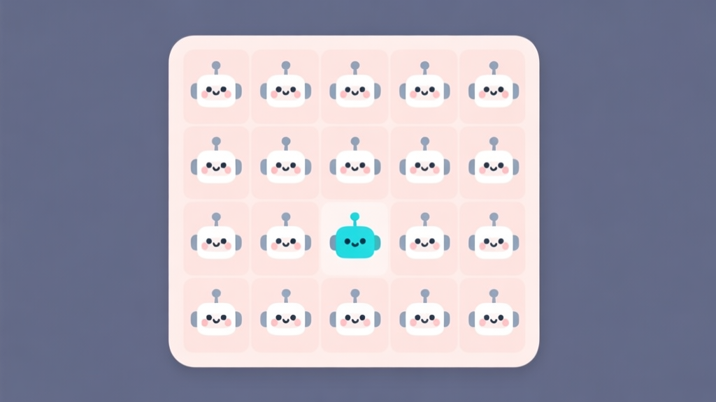 A minimalist game interface showing rows of identical cute robot icons on a grid, with one robot colored differently, soft pastel background, clean lines, flat design style high quality illustration, detailed, 16:9
