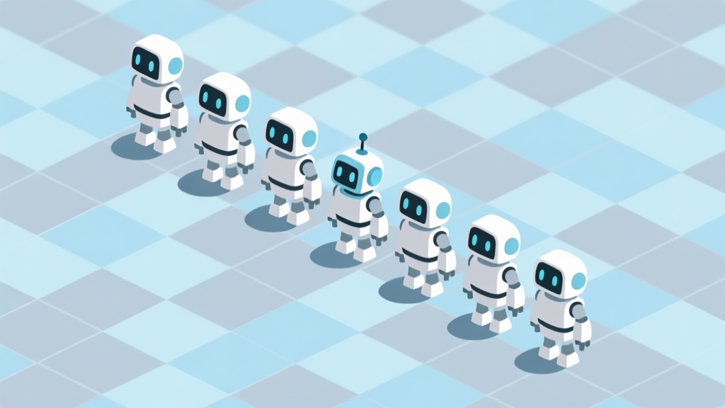 A minimalist isometric illustration of a row of identical cartoon robots, with one robot subtly different, placed on a grid background. Soft blue and grey color scheme, clean lines. high quality illustration, detailed, 16:9