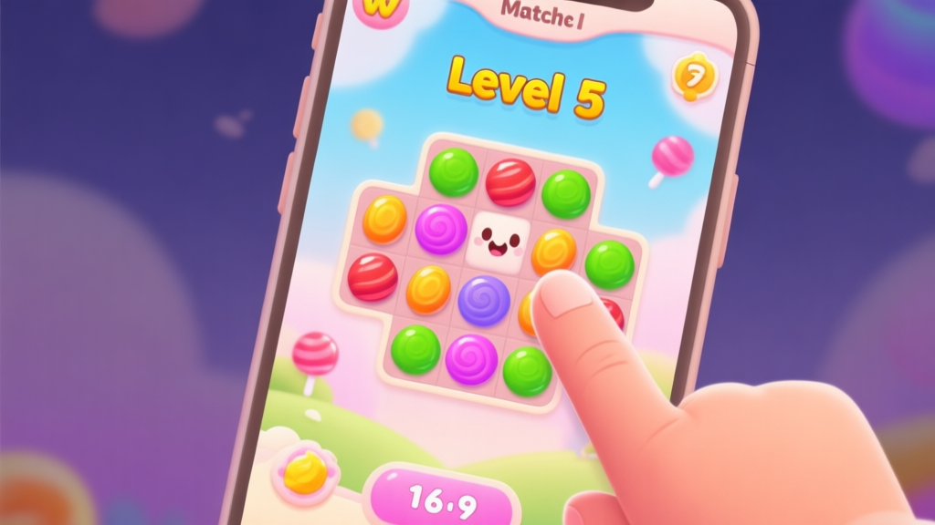 A welcoming, soft-colored game interface of a match-3 puzzle on a mobile screen, showing vibrant candies and a friendly "Level 5" text, with a hesitant finger hovering above it high quality illustration, detailed, 16:9
