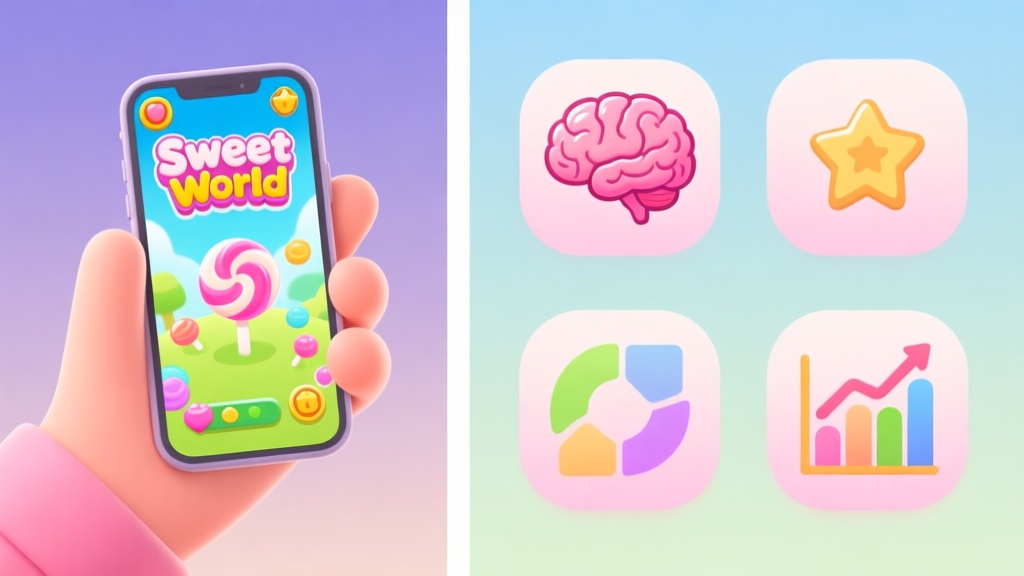 A split-screen illustration showing a hand holding a phone with a vibrant, candy-themed game (Sweet World) on one side, and on the other side, abstract icons representing game design principles like a brain, a reward star, and a progression graph, all in a soft pastel color palette high quality illustration, detailed, 16:9