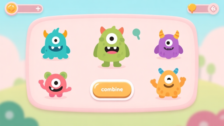 自动生成图片: A welcoming, soft-colored game interface showing friendly cartoon monsters with different elements, a simple combine button in the center, on a pastel background, flat design style high quality illustration, detailed, 16:9