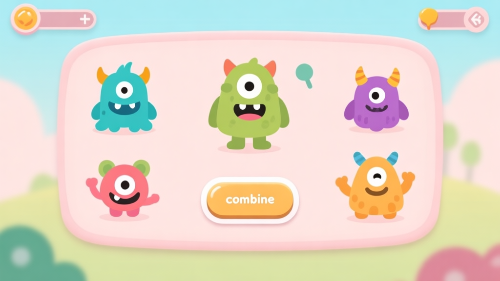 A welcoming, soft-colored game interface showing friendly cartoon monsters with different elements, a simple combine button in the center, on a pastel background, flat design style high quality illustration, detailed, 16:9