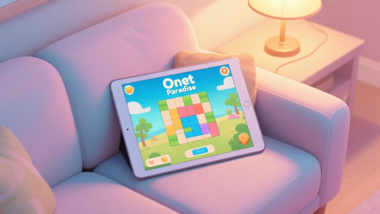 自动生成图片: A calming, top-down view of a partially solved Onet Paradise game board on a tablet, resting on a cozy couch. Soft pastel colors dominate the scene, with a warm lamp light in the background high quality illustration, detailed, 16:9