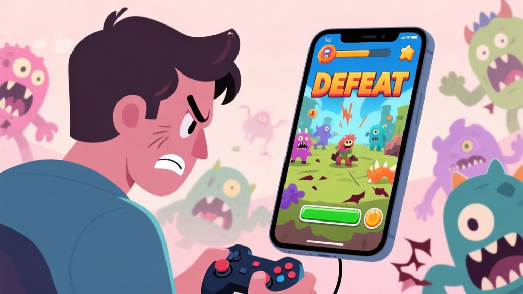 A frustrated gamer looking at a mobile screen showing a "DEFEAT" message in a monster battle game, with defeated cartoon monsters in the background, soft pastel color palette high quality illustration, detailed, 16:9
