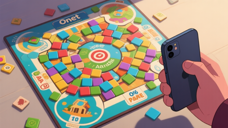 自动生成图片: A top-down view of a complex Onet Paradise game board, filled with colorful tiles in a seemingly chaotic arrangement, with a frustrated hand holding a smartphone on the side, soft shadows and muted colors high quality illustration, detailed, 16:9