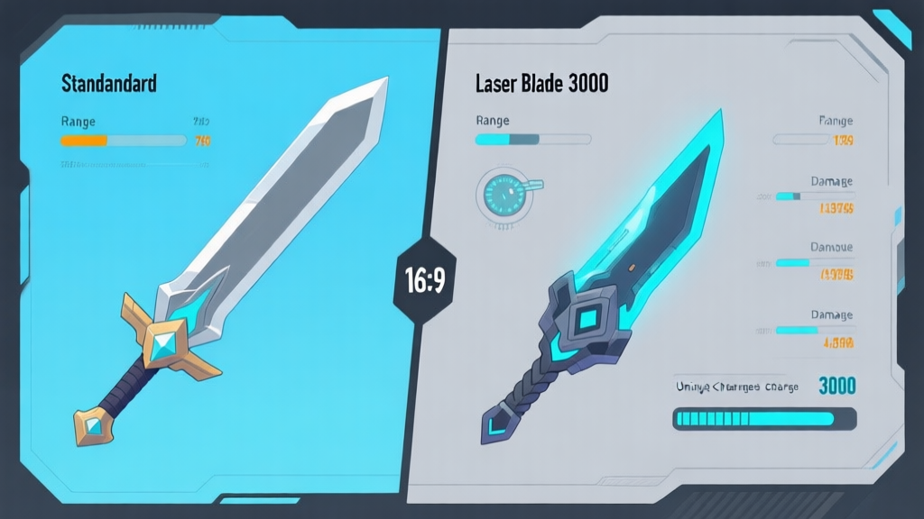 A side-by-side comparison infographic of a standard sword and the Laser Blade 3000, highlighting key stats like range, damage, and a unique charge meter, using a clean tech-blue and gray color scheme high quality illustration, detailed, 16:9
