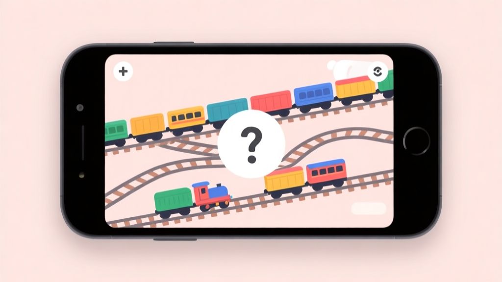 A calming, minimalist game interface of a train puzzle on a mobile device, showing colorful train cars and tangled tracks on a soft pastel background, with a hint of confusion symbolized by a subtle question mark overlay high quality illustration, detailed, 16:9