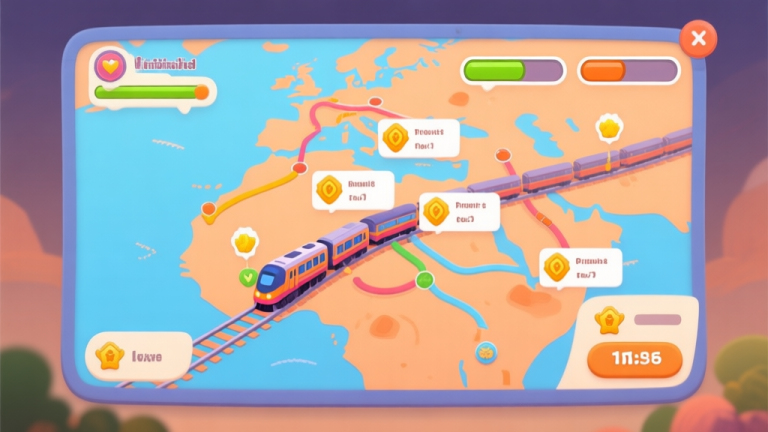 自动生成图片: A stylized, inviting game interface showing a vibrant train network on a map, with progress bars and reward notifications popping up, using a warm and cohesive color palette with soft blues and oranges high quality illustration, detailed, 16:9