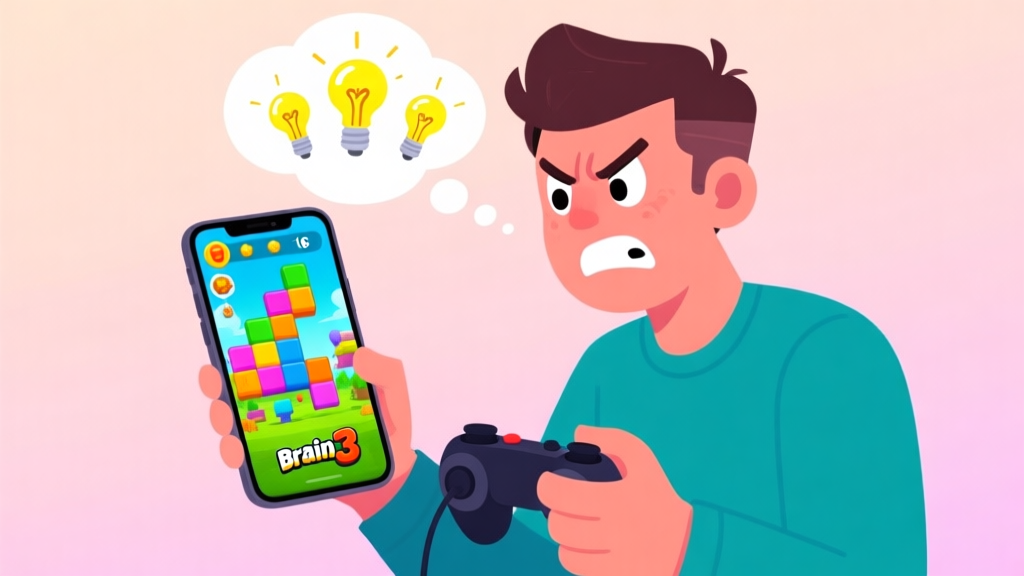 A frustrated but determined gamer looking at a bright mobile phone screen showing a colorful and illogical puzzle scene from Brain Test 3, with a thought bubble containing question marks and lightbulbs, soft pastel background high quality illustration, detailed, 16:9