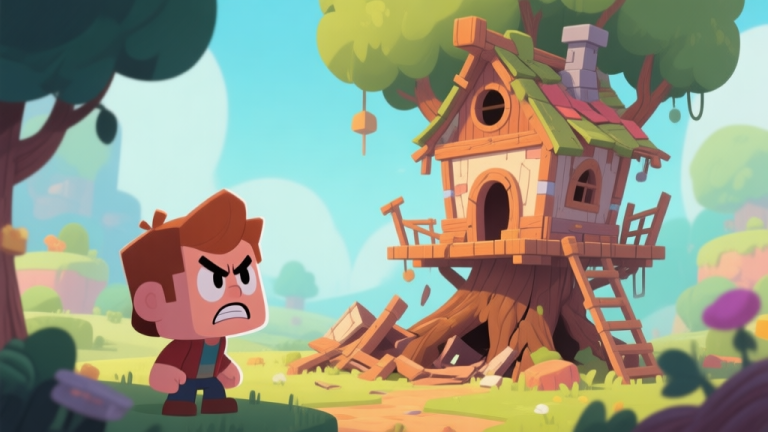 自动生成图片: A frustrated game character looking at a collapsed, poorly built treehouse in a vibrant game world, cartoon style with soft colors high quality illustration, detailed, 16:9