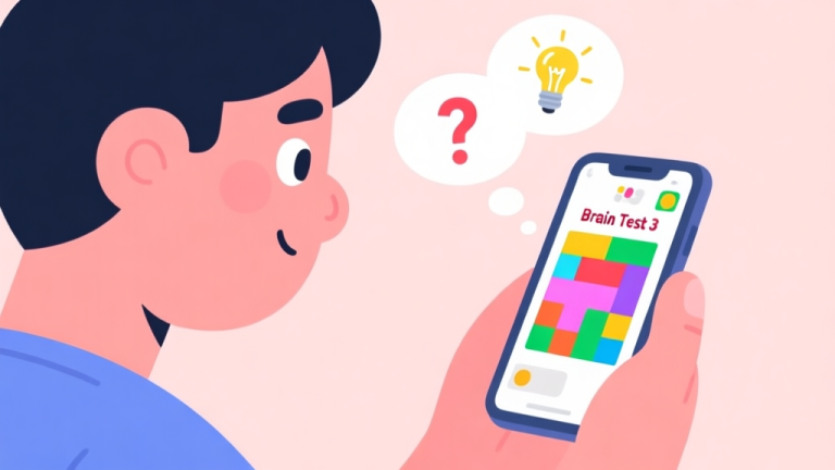 自动生成图片: A person staring at a mobile phone screen showing a colorful Brain Test 3 puzzle, with thought bubbles containing question marks and lightbulbs, in a flat cartoon style with soft pastel colors high quality illustration, detailed, 16:9