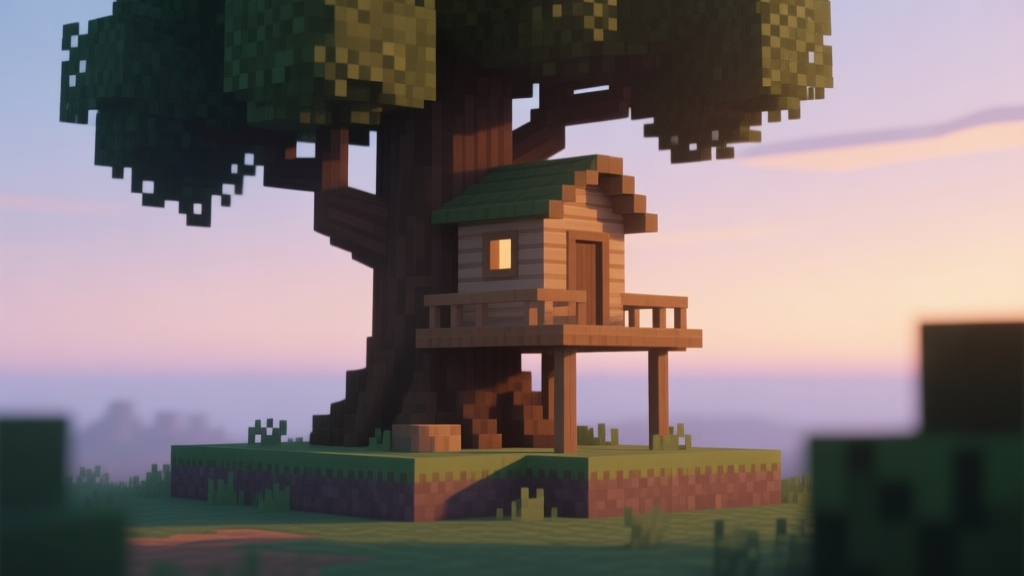 A serene Minecraft scene showing a simple wooden treehouse starter base nestled in a large oak tree at dusk, soft lighting, peaceful atmosphere, minimalist design high quality illustration, detailed, 16:9