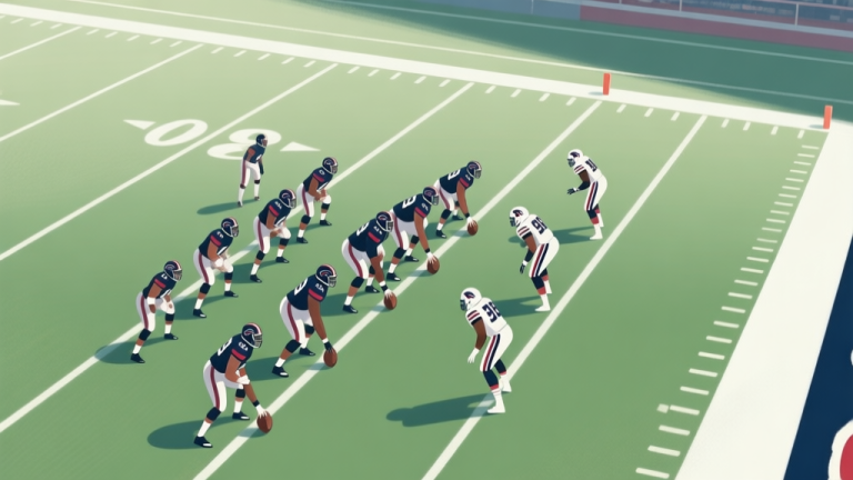 自动生成图片: A top-down view of an American football field, focusing on the one-yard line. Offensive and defensive players are lined up in formation, with a tense, strategic atmosphere. Soft lighting, muted green and white colors. high quality illustration, detailed, 16:9