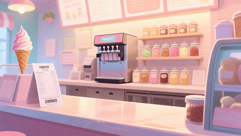 自动生成图片: A welcoming, cozy ice cream parlor counter seen from a first-person perspective, with a clear order ticket on the left, a soft-serve machine in the center, and various topping jars neatly arranged. Soft pastel color scheme, warm lighting, inviting atmosphere high quality illustration, detailed, 16:9