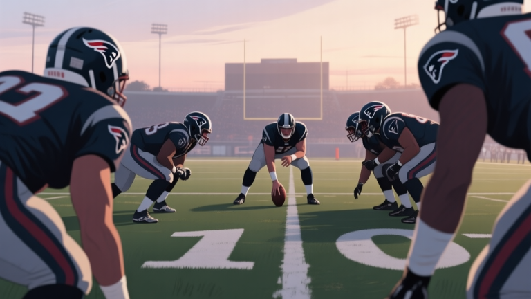 自动生成图片: A tense American football game scene viewed from behind the offense, showing the quarterback in a huddle on the 1-yard line, with the defensive line looming close, soft evening stadium lighting, muted colors high quality illustration, detailed, 16:9