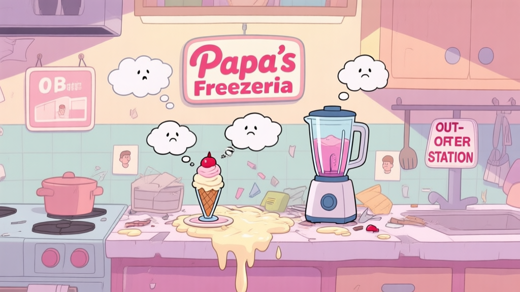 A chaotic but charming cartoon kitchen countertop in Papa's Freezeria style, with a melting sundae, an overflowing blender, multiple customer thought bubbles looking impatient, and an out-of-order station sign, soft pastel colors high quality illustration, detailed, 16:9