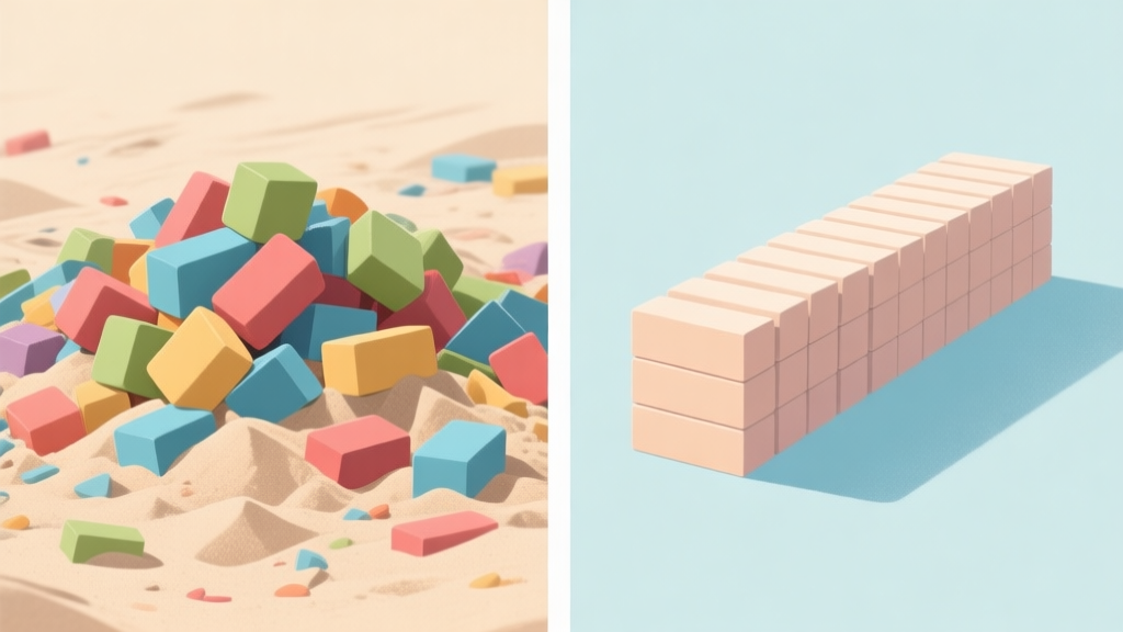 A split-screen illustration showing a messy, overflowing pile of colorful sand blocks on one side (chaos), and a neat, organized stack forming complete lines on the other side (order), in a soft pastel color palette with beige and light blue tones high quality illustration, detailed, 16:9