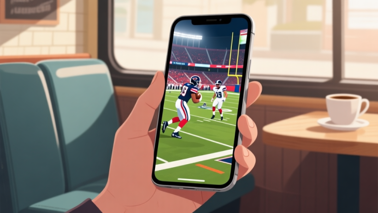 自动生成图片: A smartphone screen showing a vibrant American football game in progress, with a hand holding it against a casual background like a coffee shop or a bus seat, soft lighting, illustrated style high quality illustration, detailed, 16:9