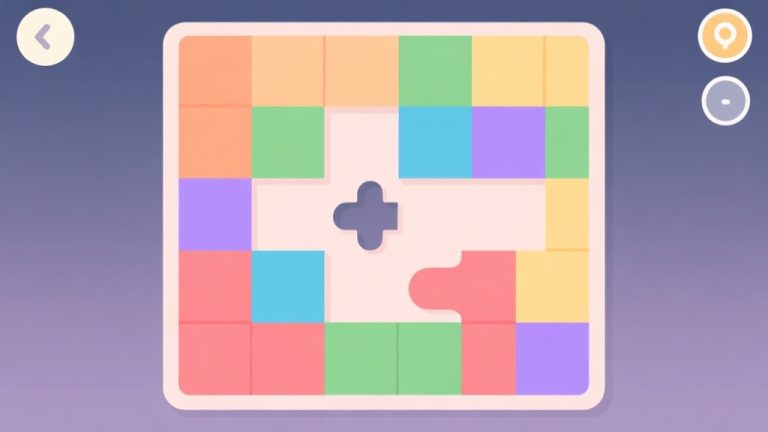 自动生成图片: A minimalist game interface showing a complex puzzle grid with colorful geometric blocks, one piece not fitting, soft pastel colors, clean lines, flat design style high quality illustration, detailed, 16:9