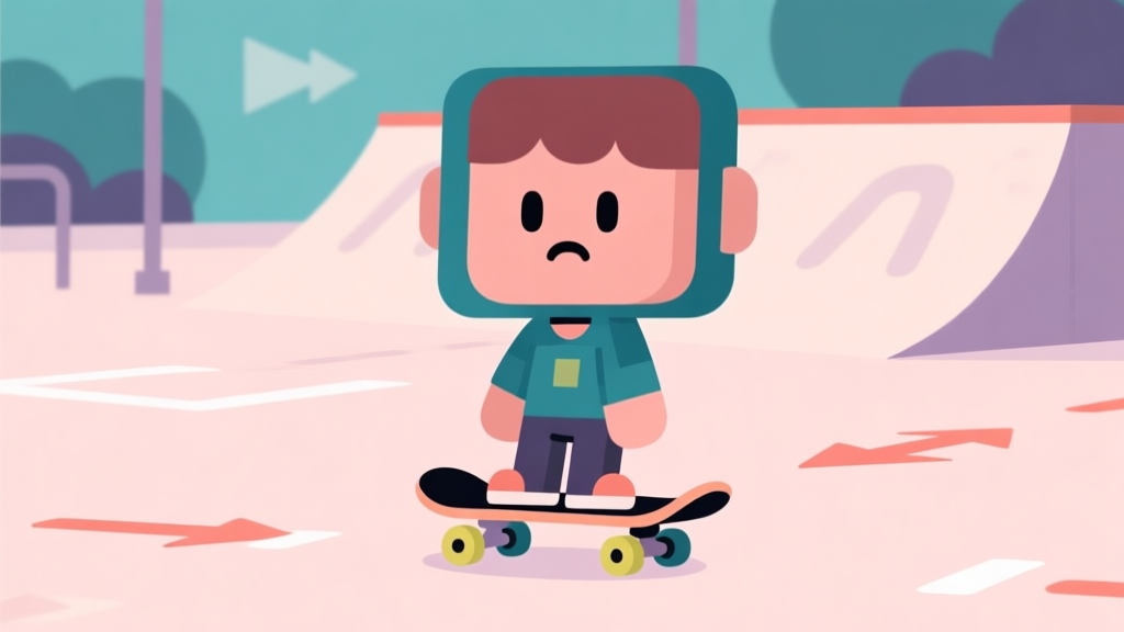 A stylized, friendly video game character on a skateboard, looking slightly unsure, in front of a simple tutorial area with arrows on the ground, soft pastel colors, flat design high quality illustration, detailed, 16:9