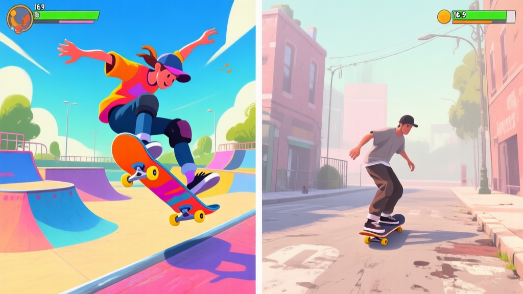 A split-screen illustration showing contrasting skateboarding game styles: one side with vibrant, exaggerated tricks in a colorful skatepark, and the other with a realistic, gritty street skating scene, using a soft pastel and muted color palette high quality illustration, detailed, 16:9