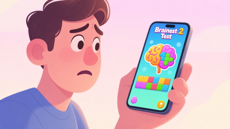 自动生成图片: A person holding a smartphone with a puzzled expression, looking at a colorful and whimsical Brain Test 2 puzzle screen, soft pastel background high quality illustration, detailed, 16:9