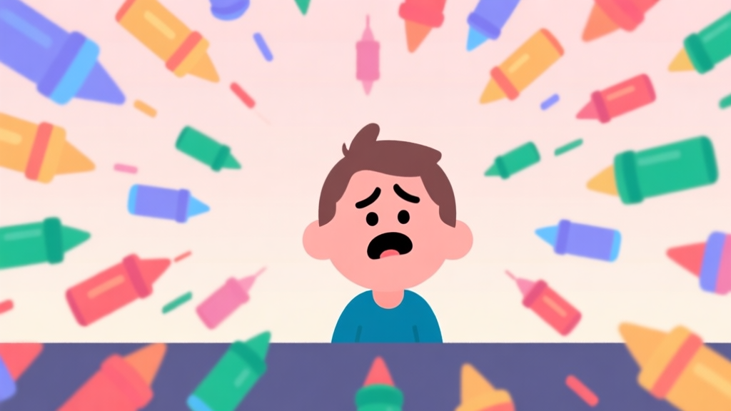 A minimalist game scene showing a cheerful cartoon character looking confused as colorful, chaotic bullet patterns fill the screen around them, soft pastel colors, flat design high quality illustration, detailed, 16:9