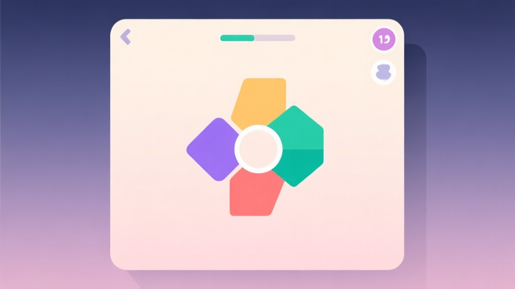 A calming, minimalist game interface showing colorful geometric shapes about to merge on a soft pastel background, flat design style high quality illustration, detailed, 16:9