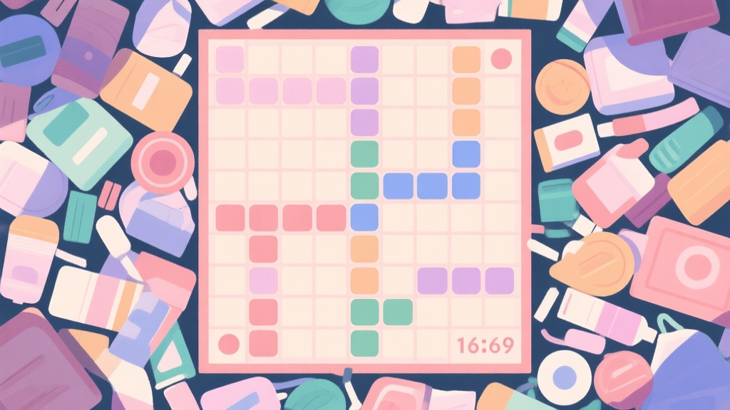 A top-down view of a cluttered merge game board, soft pastel colors, items densely packed with no clear empty spaces, a feeling of frustration and gridlock, flat design style high quality illustration, detailed, 16:9