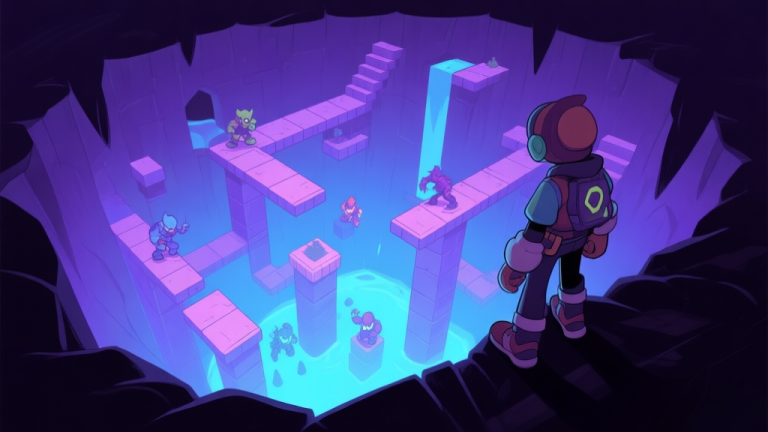 自动生成图片: A stylized, side-view illustration of a game character standing at the edge of a dark, glowing pit, looking down at complex platforming challenges and enemies below, soft purple and blue color scheme, video game concept art style high quality illustration, detailed, 16:9