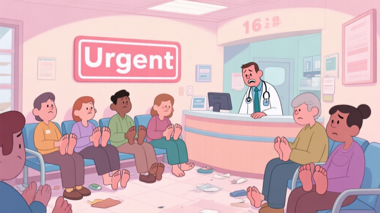 自动生成图片: A cozy, slightly chaotic cartoon clinic waiting room with diverse patients holding their feet, a stressed new doctor behind the counter, and a large 'Urgent' sign on the wall, in a soft pastel color palette high quality illustration, detailed, 16:9
