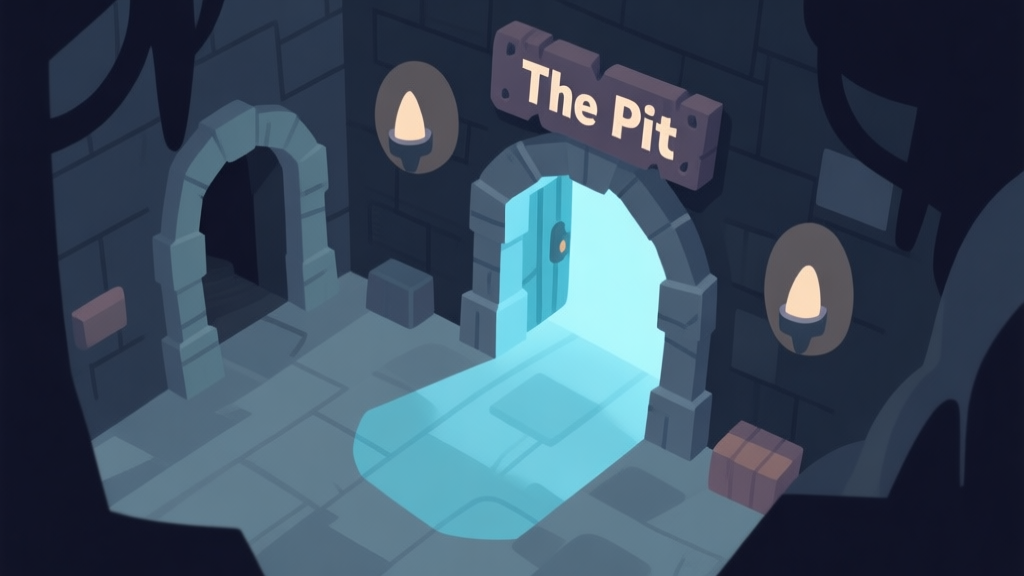 A stylized, top-down view of a dark game dungeon entrance labeled "The Pit", with a faint glow coming from within, soft blues and grey color palette, flat design style high quality illustration, detailed, 16:9