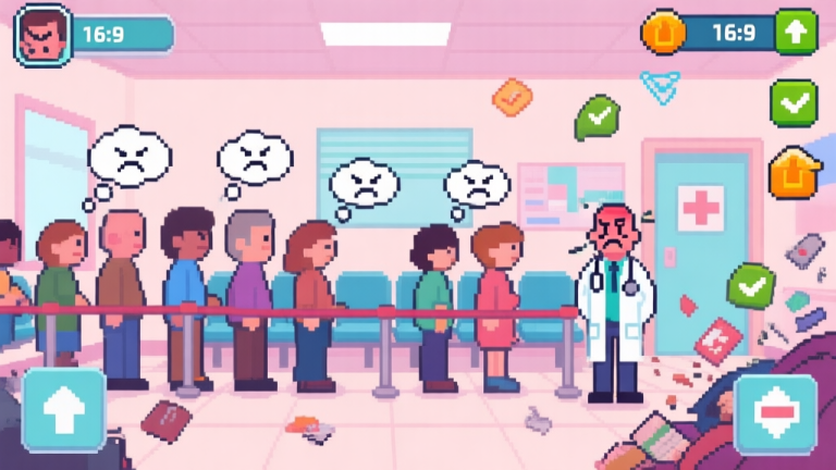 自动生成图片: A stylized, slightly chaotic illustration of a clinic waiting room in a mobile game, with long queues of pixel-art patients showing angry thought bubbles, a stressed doctor character, and messy upgrade icons floating around, in a soft pastel color palette high quality illustration, detailed, 16:9