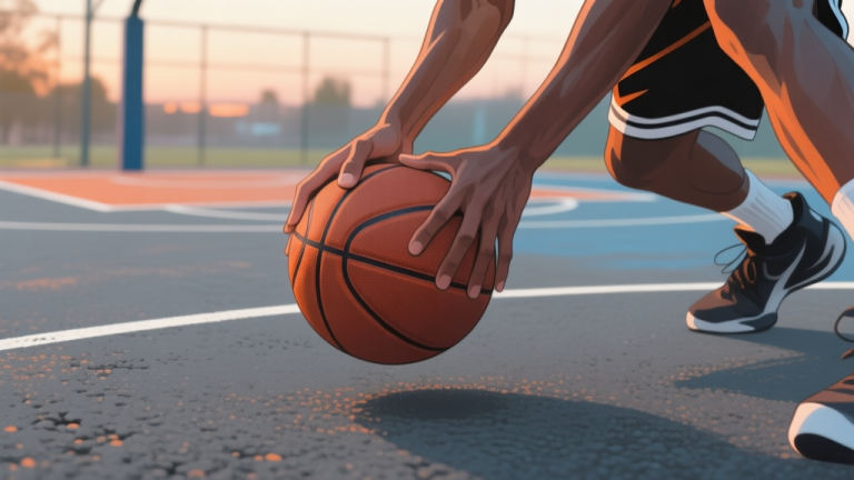 自动生成图片: A dynamic basketball scene on an outdoor asphalt court, focusing on a player's hands and the ball during a low, controlled dribble. The asphalt texture is visible, with soft evening light and muted colors of grey, orange, and blue. high quality illustration, detailed, 16:9