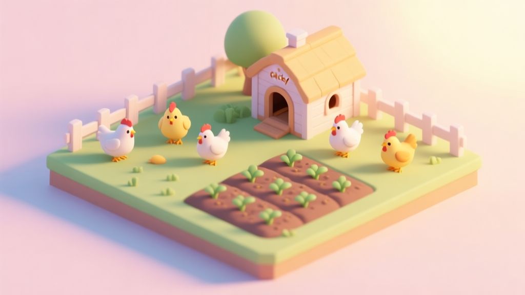 A cheerful, isometric view of a beginner's Chicky Farm with a few cute chickens, a small coop, and a simple crop field, in a soft pastel color palette with warm sunlight high quality illustration, detailed, 16:9