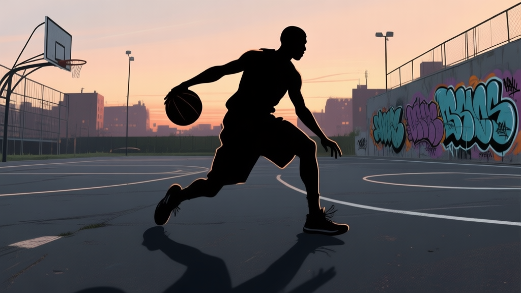A dynamic silhouette of a basketball player performing an improvisational dribble move on an urban asphalt court at dusk, shadows elongated, style of expressive street art with bold lines and muted colors high quality illustration, detailed, 16:9