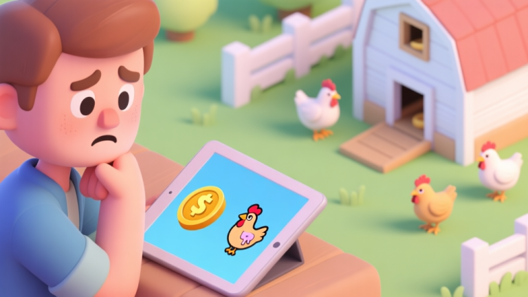 自动生成图片: A cozy, slightly troubled scene in a mobile farm game. A player character looks thoughtfully at a tablet showing a low "coin" icon and a sick chicken icon. In the background, a clean chicken coop is visible with a few happy chickens, contrasting with the foreground problem indicators. Soft pastel colors, isometric view. high quality illustration, detailed, 16:9